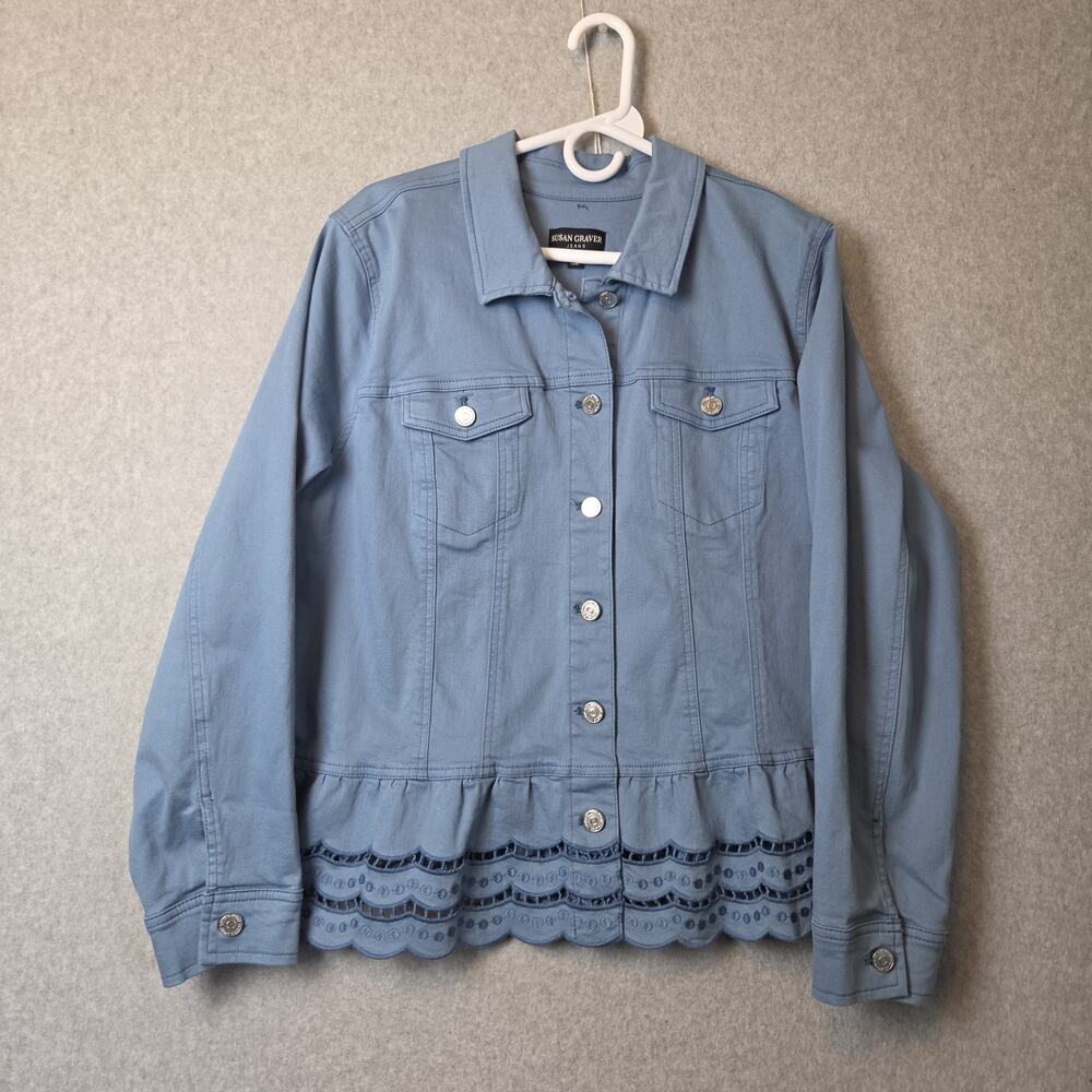 Susan Graver Blue Denim Eyelet Ruffle Hem Button Up Jacket Women's XL Stretch